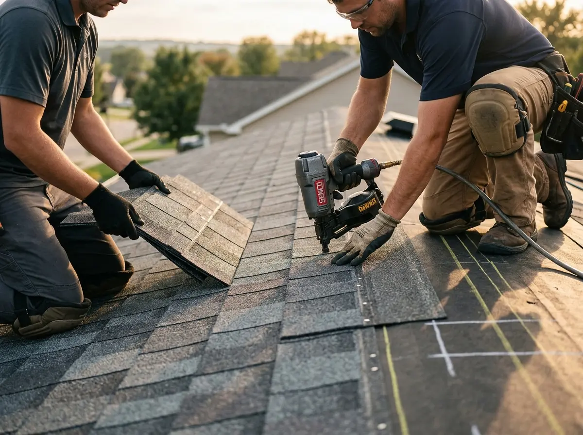 Professional roofer working on a residential roof in Nellis AFB